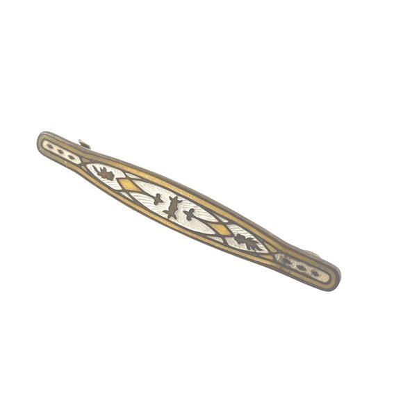Vintage Art Deco Cloisonné Bar Brooch With Intricate Geometric Design Warm Tones - Picture 8 of 11